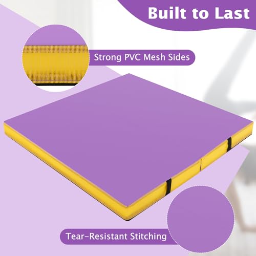 Giantex 4" Thick Folding Gymnastics Mat, 4' x 4' Bio-Folding Exercise Mat with Carry Handles & PU Leather Cover, Gym Home Tumbling Mat for Kids, Yoga, Fitness, Pilates & Martial Arts - color: Purple