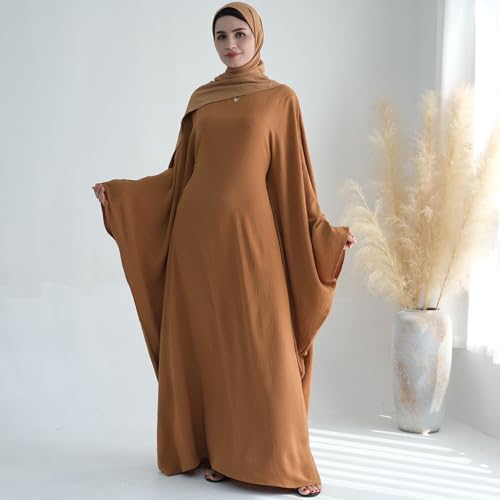 Women Muslim Abaya Dress 1Piece Bat Sleeve Islamic Maxi Robe Fashion Jilbab for Women Eid Kaftan Muslim Robe - color: Camela, size: Large