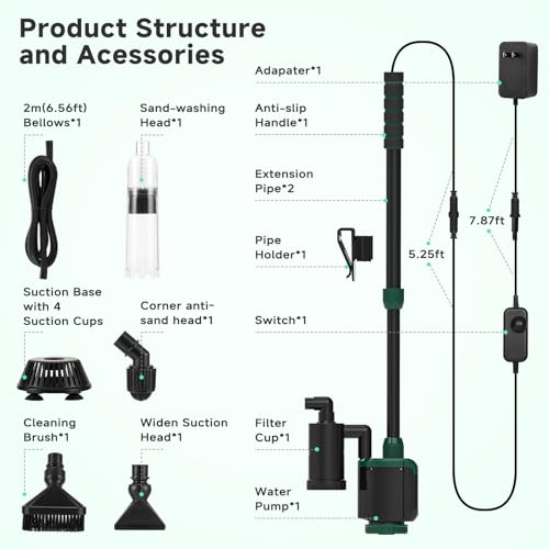 AQQA 6-in-1 Aquarium Gravel Cleaner, 600GPH Adjustable Flow Aquarium Vacuum | Electric DC Fish Tank Cleaner, Extendable Length, Supports Changing Water, Washing Sand, Water Filtering and Circulation