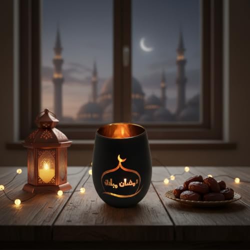 Ramadan Mubarak Decorations, Matte Black & Gold Glass Tealight Holders, Eid Mubarak Table Decor with Mosque Silhouettes, Luxury Islamic Home Decor & Gift for Ramadan Kareem