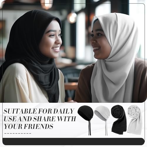 4 Pcs Women Solid Chiffon Hijab Scarves and Undercap Set Long Shawl Soft Wrap Scarves Muslim Inner Hijab Caps - color: Black, White