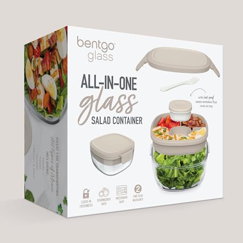 Bentgo Glass Salad Container - 7.6-Cup Salad Bowl with Airtight Lid, Leak-Proof Sauce Container, 4-Compartment Bento Tray & Reusable Fork - BPA-Free for Meal Prep, Office & More (White Stone Tan) - color: White Stone Tan
