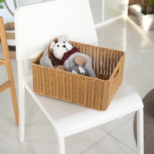 YRMT Rattan Storage Basket Pantry Basket with Built-in Handles Wicker Basket for Organizing Shelves Waterproof Woven Basket Nature (14"x10"x6.3") - size: 14"x10"x6.3"
