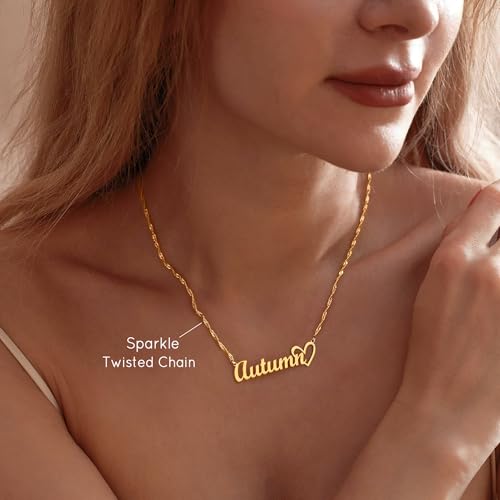 DayOfShe Name Necklace Personalized for Women, 18K Gold Plated Cuban Chain Necklaces Customized with Name as Christmas Girlfriend Gift - color: Name+Heart