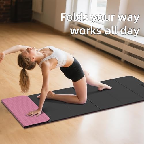LVME Foldable Yoga Mat, 71"x24"x1/3" Thick, Non Slip Exercise Mat | SGS Certified POE, Fitness Travel Mat, Easy To Store, Foldable for Exercise, Yoga, Pilates, Home Workouts - color: Obsidian Black+Crimson