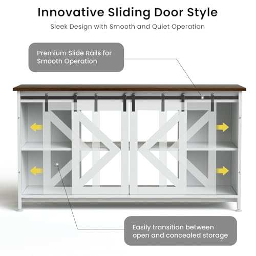 80 Gallon Fish Tank Stand with Power Outlet, Heavy Duty Aquarium Stand with Accessories Storage Cabinet and Sliding Barn Door - Metal Fish Tank Stand for Turtle, Reptile, for 2 Tanks, White+ Walnut