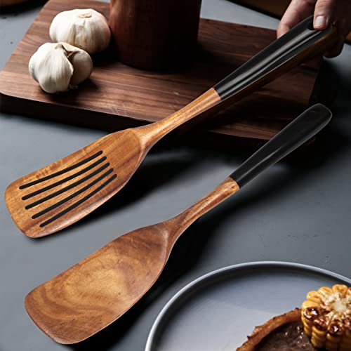 Wooden Spatula Set for Cooking Spoon Non Toxic Teak Kitchen Utensils Turner | Flat Wood Wok Spatula Bamboo Spoon for Cooking Utensil Set Spurtle Scraper Slotted Pancake Turner Fish Egg Flipper Spatulas - color: 2Pcs-Black
