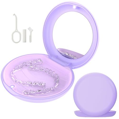 Retainer Case with Mirror, Slim Aligner Case Compatible with Invisalign, Cute Retainer Case with Silicone Pad, Mouth Guard Case with Retainer Removal Tool, Chewy and Brush, Purple - color: Purple with Mirror