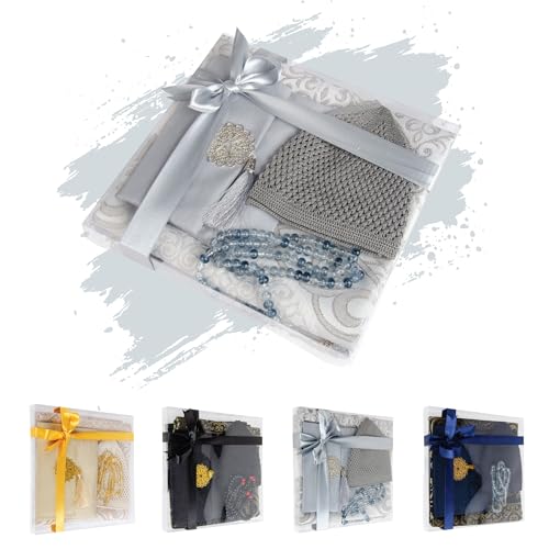 Islamic Prayer Gift Set for Men β Velvet Prayer Mat, Tasbih Beads, Yaseen Book β Muslim Prayer Essentials β Ramadan Eid Gift - color: Light Gray