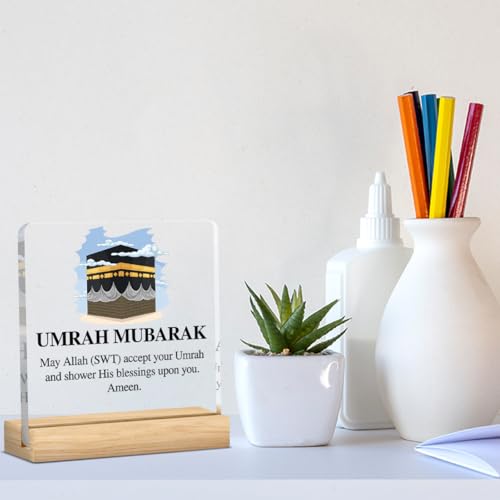 Umrah Mubarak Islamic Acrylic Sign Decor Hajj Ramadan Mubarak Table Decor Muslim Gifts Acrylic Plaque Arabic Ramadan Tree Gifts for Men Women with Wood Stand 4 X 4 Inches - style: Antique