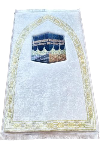 SODEF Orthopedic Prayer Rug 3cm Thick Sponge Padded Velvet Muslim Prayer Mat Non-Slip Faux Leather Based Sejadah Janamaz for Knee Comfort, 27.5 x 47 inches, White - White, 28x47 inch