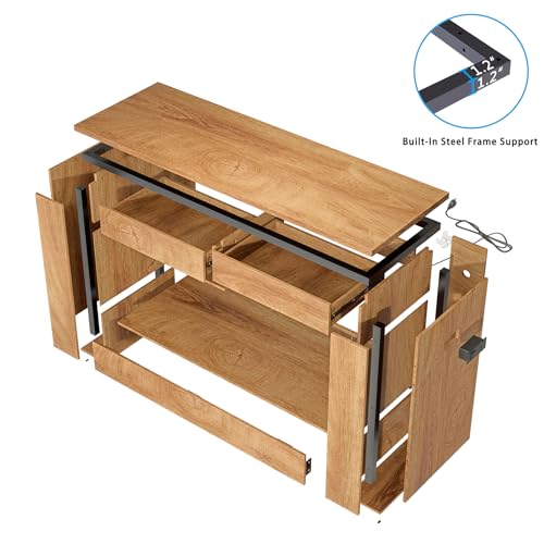 48" Aquarium Stand for 55–75/90 Gallon Tank,Heavy Duty Fish Tank Stand up to 1000 LBS,Aquarium Stand with Power Outlet & LED Light,2-Tier Turtle Reptile Tank Stand with Storage,Natural
