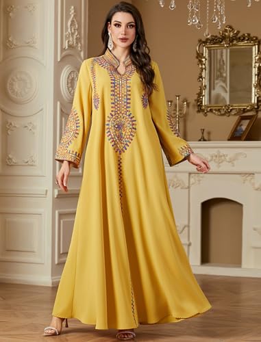 ABEWIP Muslim Dresses for Women Ramadan Kimono Long Sleeve Embroidered Islamic Prayer Dress Turkey Dubai Eid Abaya Kaftan - color: Yellow, size: X-Large