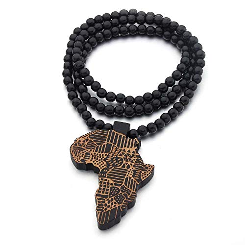 Caiyao Hip-Hop Natural Wood African Map Pendant 8MM Wooden Bead Chain Rosary Necklaces for Men Women-Brown African Map - color: 브라운.