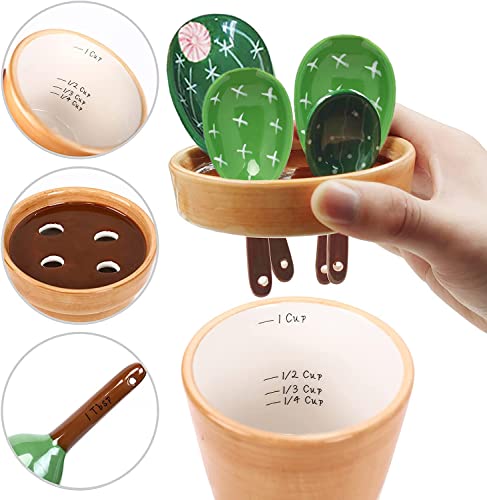 5 Pieces Measuring Spoons Set/Ceramics Spoons and Measuring Base Cup/for Dry and Liquid Ingredient, Cute Cactus Shape (Solid color base) - color: Solid color base