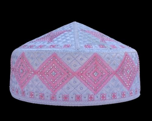 Unisex Kufi Muslim Men Prayer Cap White Stoned Outdoor Headwear Eid Handmade Kufis Namaz Hat - color: Pink, size: X-Large