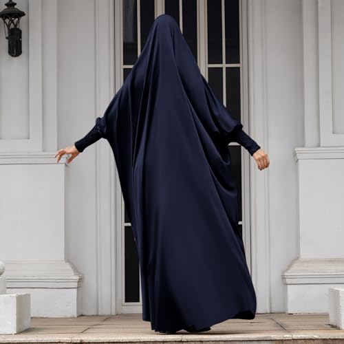 IDOPIP Muslim Abaya for Women One Piece Long Sleeve Islamic Prayer Dress with Hooded Hijab Maxi Kaftan Robe Modest Clothes - color: Navy Blue