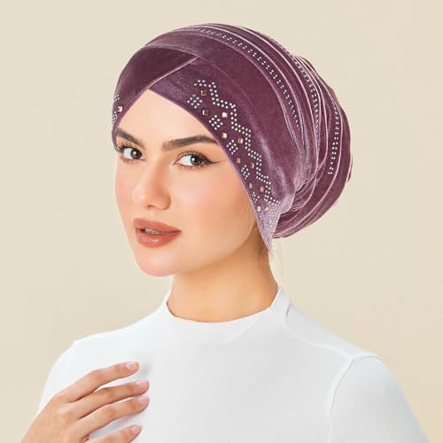 Rhinestone Hijab Turban Hats for Women Beanies Bandana Headwrap Cap Beanies Headwear Headscarf Undercap Turban Hat - color: Hot Pink