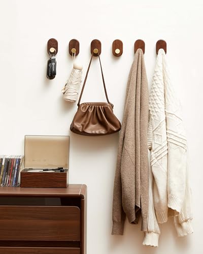 Wood Coat Hooks Wall Mount - Modern Walnut Coat Hook with Brass Accent for Hanging Clothes,Keys,Purse,Robes,Towel,Backpacks, Single Brass Wall Hooks Heavy Duty for Entryway, Closet, Bathroom (6 Pack) - style: 6 Pack