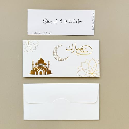 6 Eid Envelopes, Super Thick White Kraft Paper, Golden Stamping Process Is Simple and Advanced. During Ramadan and Eid, Envelopes Size Can Be Used to Carry Cash.