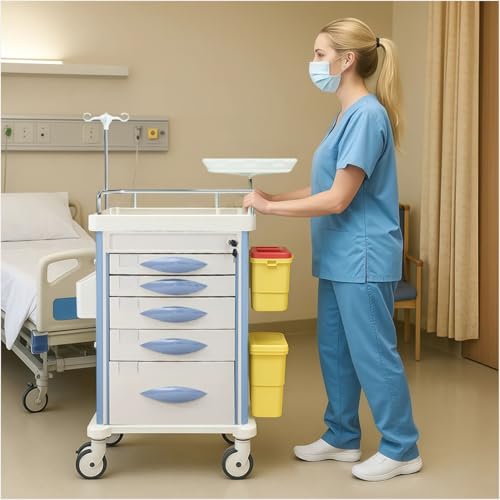 Crash Cart with Central Lock - Mobile Emergency Treatment Trolley with IV Pole, Cardiac Board, O₂ Tank Holder, Trash Bin & 5 Drawers for Clinics Nursing Center (Grey) - color: Gray