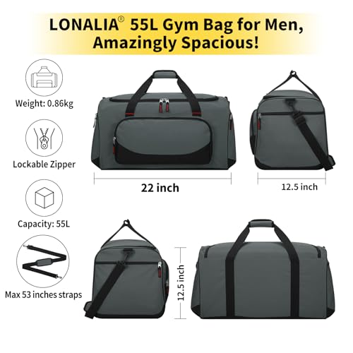 55L Large Sports Duffle Gym Bag for Men, 22 inch, Gray | Heavy Duty, Gym Duffel Bag, Multi Pockets, Spacious - color: Grey