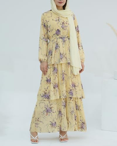 Breathable Modest Prayer Dresses Long Sleeve Layered Maxi Dress with Belt European Floral Print Women Muslim Abaya - color: Yellow Dress & Scarf, size: M(54)