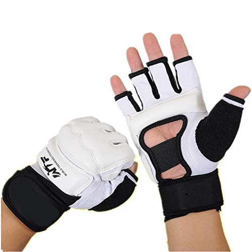 Men Kids Taekwondo Gloves Punch Bag Boxing Martial Arts MMA Sparring Grappling Muay Thai Training PU Leather Wrist Wraps Gloves - color: White, size: Medium