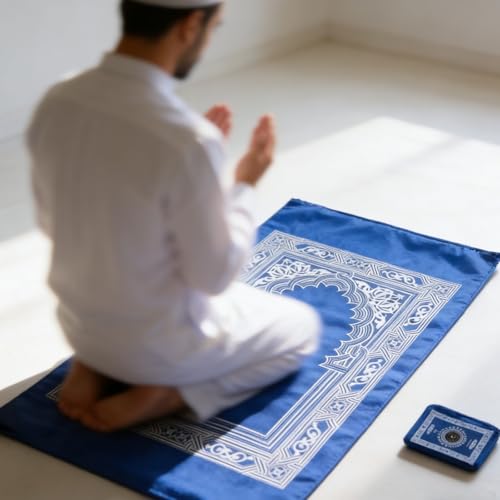 Portable Polyester Muslim Prayer Mat, Square Unnapped Woven Fabric with Directional Compass for Travel & Daily Prayer(Blue)