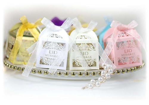 Steedna 50 Pack Square Chocolate Gift Box Hollow Out EID Wedding Party Favors Laser Cut Candy Boxes MUBARAK Party Favors Chocolate Box Ideal for Weddings, Birthdays & Anniversaries (Ref-Silver) - color: Ref-Silver