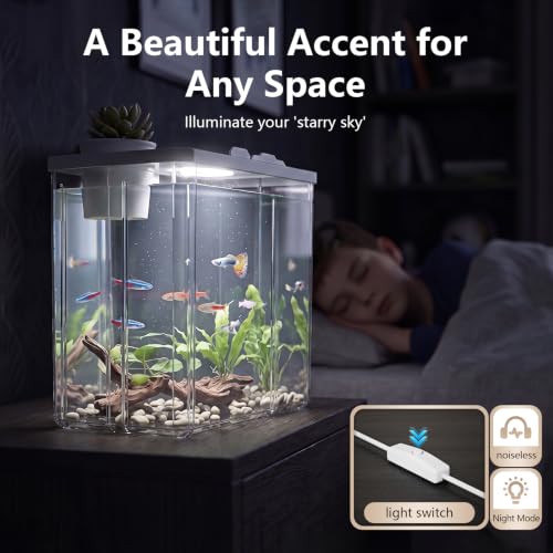 2 Gallon Betta Fish Tank Aquarium Starter Kit with Light and Lid(White) | Premium Acrylic Aquarium with Light and Lid, Crystal Clear Starter Kit for Betta Fish, Shrimp, Snails and Small Fish - color: White, size: 2 Gallon