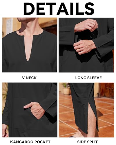 YAOHUOLE Men's Kaftan Thobe Long Sleeve Men Thobe Robe Side Split Men Thobe with Pockets Casual Thobe - color: Black-long Sleeve, size: Large
