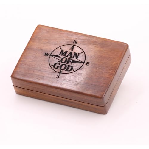 Man of God Compass – Psalm 18:32 Scripture Engraved – Solid Brass Pocket Compass with Engraved Wooden Box– Christian Gift for Men, Son, Husband, Graduation, Travel Keepsake