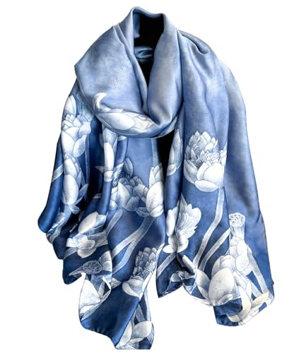 Womens 100% Large Mulberry Silk Scarf Long Satin Scarf Fashion Lightweight Wraps - color: Blue Background and White Lotus Root