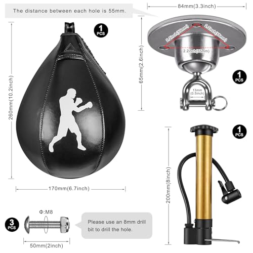 Benelabel Boxing Speed Bag with 360° Swivel Mount Premium Leather Boxing Speed Bag with Hanger and Inflator - Easy to Install and Use - Improve Your Speed and Reflexes - color: Black Speed Bag with Mount