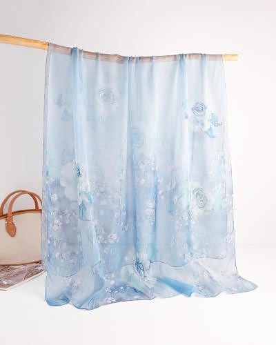 100% Mulberry Silk Scarf for Women, 69'' x 43'' Lightweight Large Silk Chiffon Shawl Wraps Floral Neck Scarf Gift - color: Blue Rose
