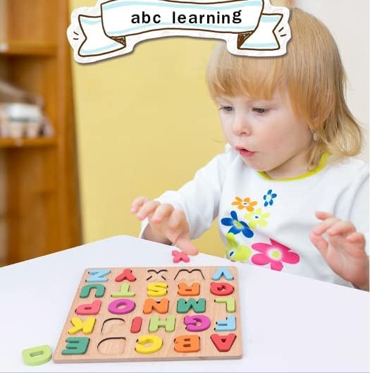 Attmu Wooden Puzzles for Toddlers, 3 Pcs Alphabet Puzzle ABC Shape Number Puzzle, Learning Toys for Kids, Preschool Educational Activities Toddler Gift Toys for Girls Boys Christmas Valentines Easter - size: 3 PCS