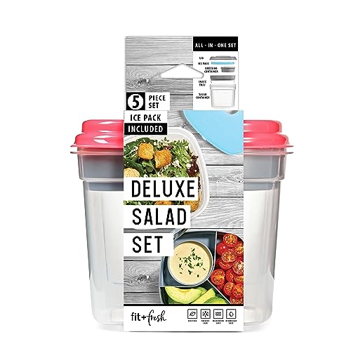 Fit & Fresh Pink Salad Container For Lunch, 4 Cup Adult Salad Lunch Box With Compartments & Ice Pack - style: Deluxe Salad Set, Pink