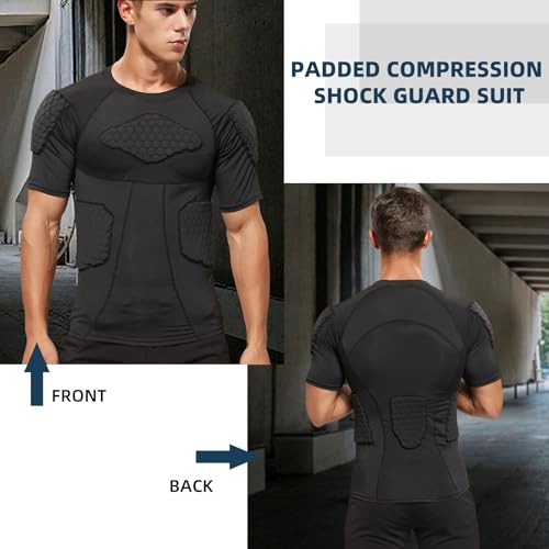 Zicac Men's Sports Shock Rash Guard Compression Padded Shirt Soccer Basketball Protective Gear Chest Rib Guards - color: Black Padded Shirt, size: XX-Large