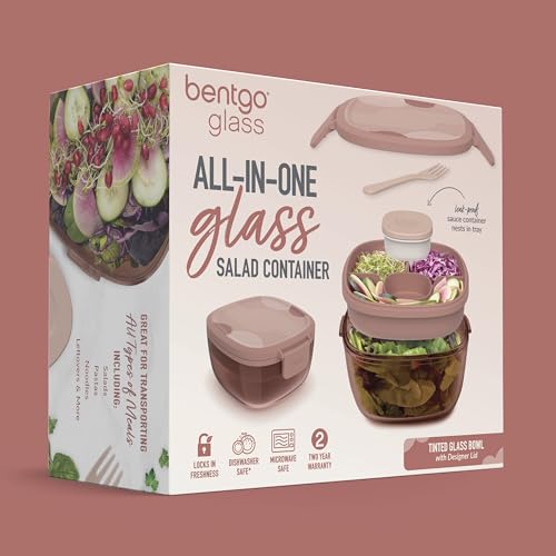Bentgo Glass Prints Salad Container - 7.6-Cup Tinted Glass Salad Bowl with Airtight Lid, Leak-Proof Sauce Container, 4-Compartment Bento Meal Prep Tray & Reusable Fork (Mod Curve - Desert Rose) - color: Mod Curve - Desert Rose
