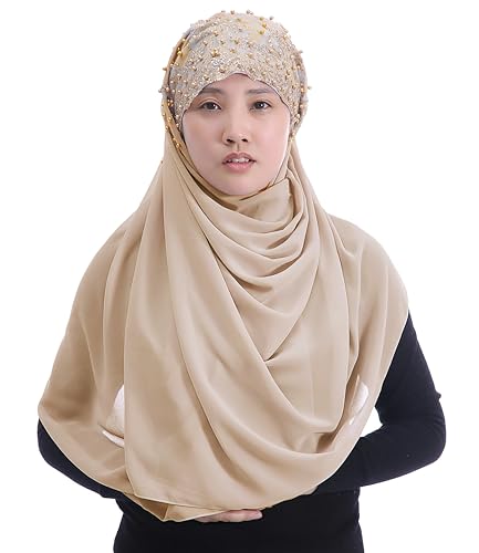 Lina & Lily Premium Chiffon Hijab Head Scarf Wrap with Gold Sequins Glitters Beads for Muslim Women - color: Beige