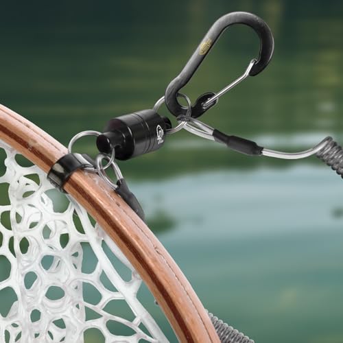 SF Strongest Magnetic Net Release Magnetic Keychain Fly Fishing Net Retractor Magnet Clip Holder Retractor with Retractable Coiled Lanyard Carabiner - color: Black Magnet+ Black Aluminum Alloy Hook