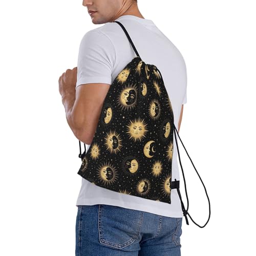 Drawstring Backpack for Men Women, Gold Sun Crescent Moon Star, Breathable Gym Sack for Yoga Travel and Outdoor Camping - color: Pattern (371)