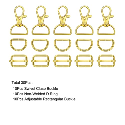 WAFJAMF Metal Snap Hook Ring Bulk 30 Pcs, Swivel Clasp Buckle and Non-Welded D Ring 10 Pcs, Adjustable Rectangular Buckle (1' Inside Width - Gold) - color: Gold, size: 1” Inside Width