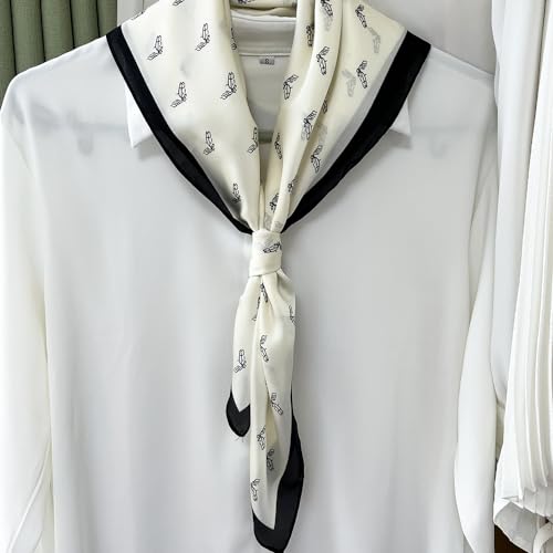 FONYVE Silk Feeling Scarf Medium Square Satin Head Scarf for Women 27.5 × 27.5 inches - color: 04 White Horsehead