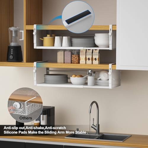 AmonHouseware 2Pack Expandable Under Shelf Storage Basket Organizer, White | Adjustable Hanging,Length Stretchable14.9-22.6Inch,Under Cabinet Shelf for Laundry Room Kitchen Pantry Desk Counter Cupboard - color: White