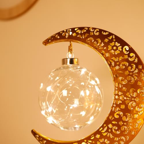 Crescent Moon Table Lamp Metal Frame Ramadan Lights Ball LED Night Light Magic Hanging Moon Lamp Decor for Home Bedroom Bedside Desktop