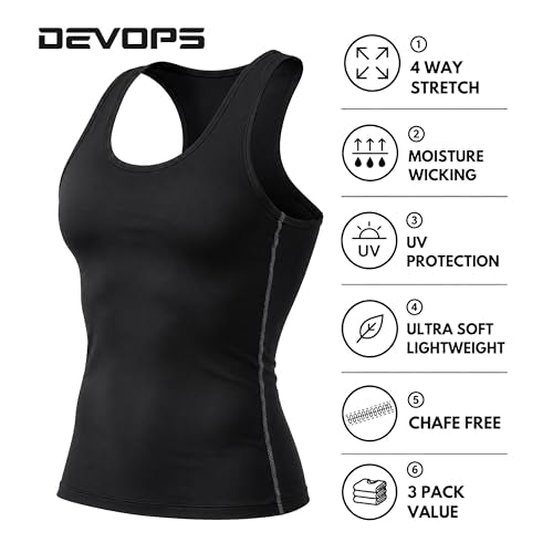 DEVOPS 3 Pack Men's Muscle Dry Fit Compression Tank Top Sleeveless Shirt | Compression Fit, Wicking, 4-Way Stretch, Running, Workout, UPF 50+, Sleeveless - color: Black / Black / White, size: Large