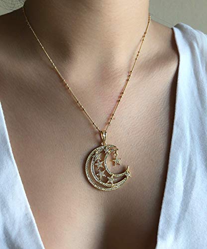 Crescent Moon and Stars Necklace 17.5 Inches Sattelite Chain