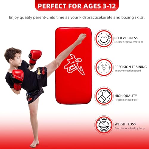 4-in-1 Kids Boxing Pads Gloves Kick Punching Mitts Set, Leather Hand Target Focus Pads, MMA Muay Thai Pads for Kicking Taekwondo Karate Kickboxing, Youth Boxing Training Sparring Gear Equipment